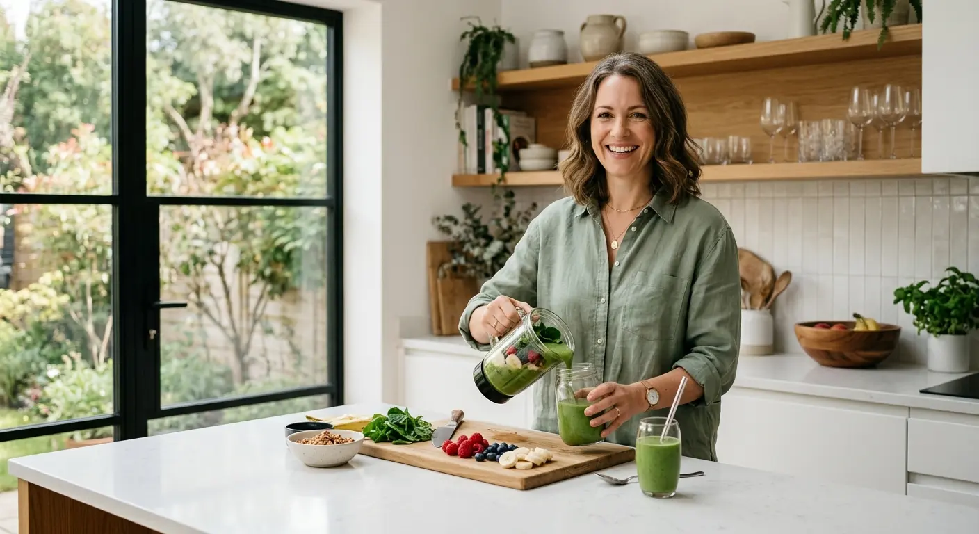 Confident woman preparing a healthy smoothie in a sunlit kitchen