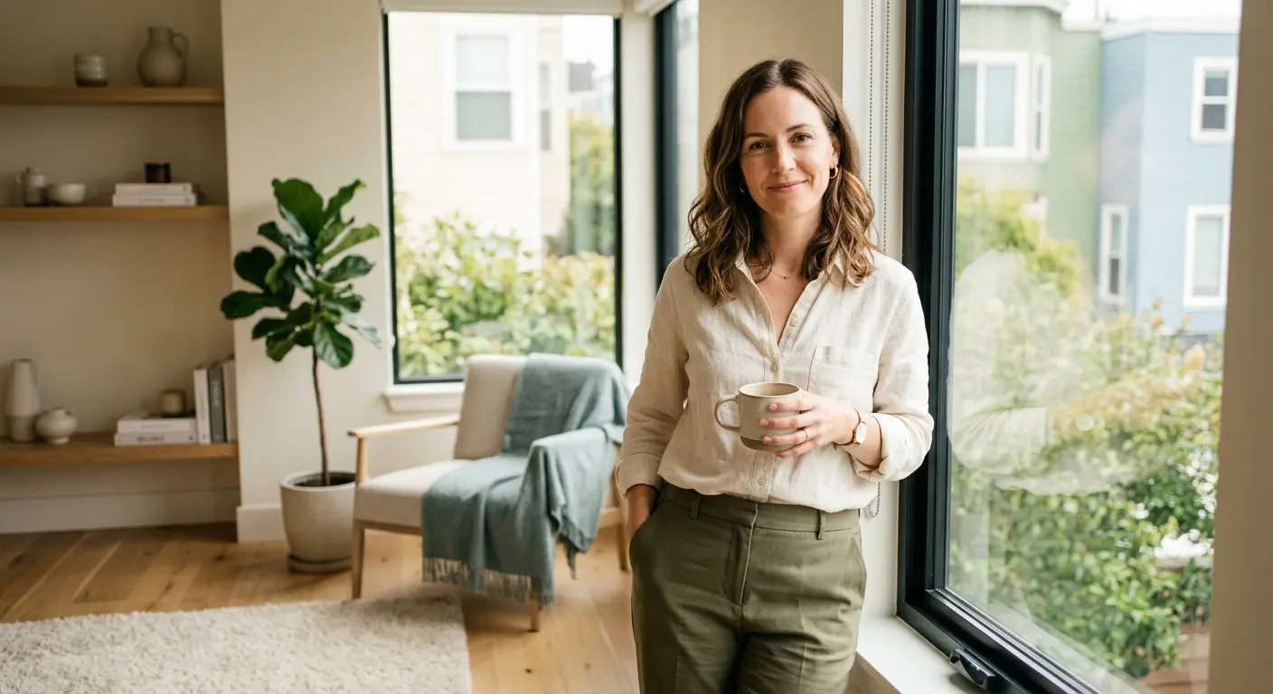 Woman sitting on yoga mat in bright living room, feeling confident and at ease