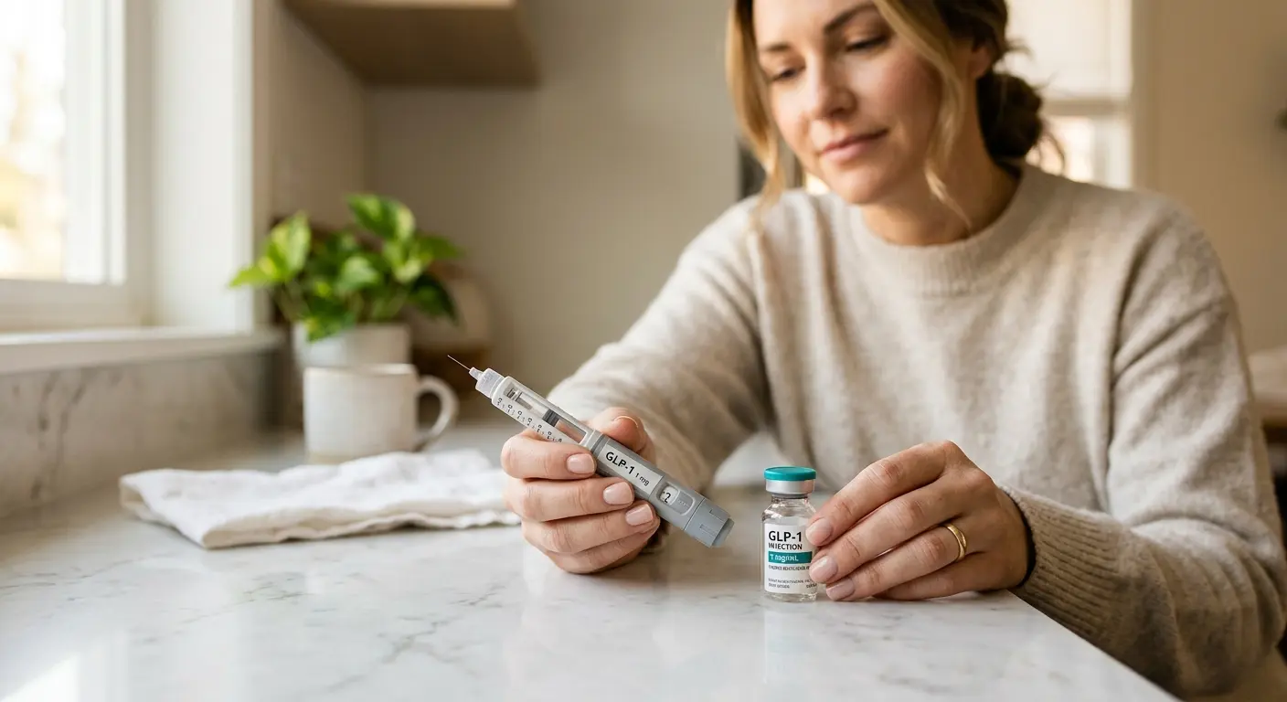 GLP-1 medication vial and injection pen held calmly in hand