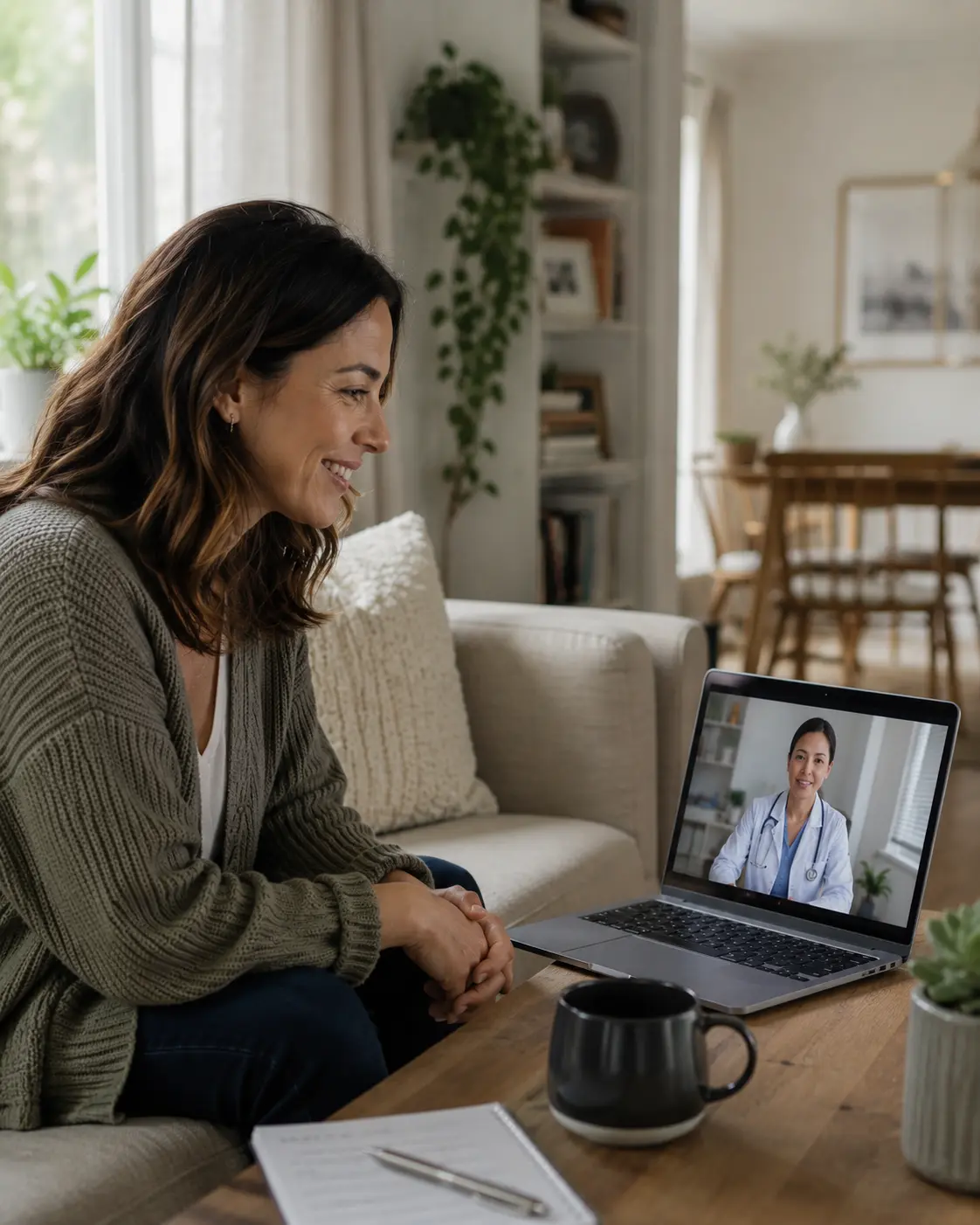 Woman on video call with doctor in white coat, visible on phone screen