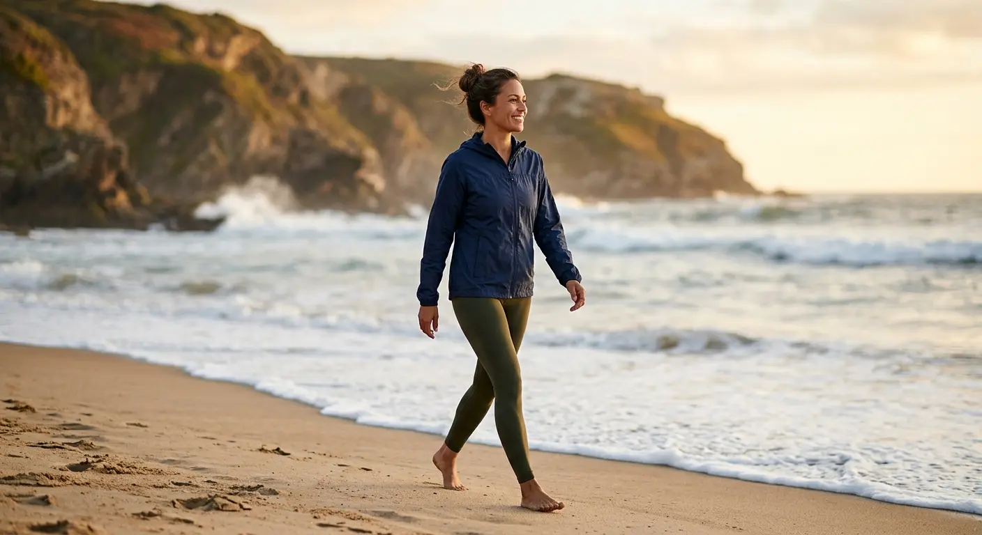 Confident woman walking along a sandy beach at golden hour