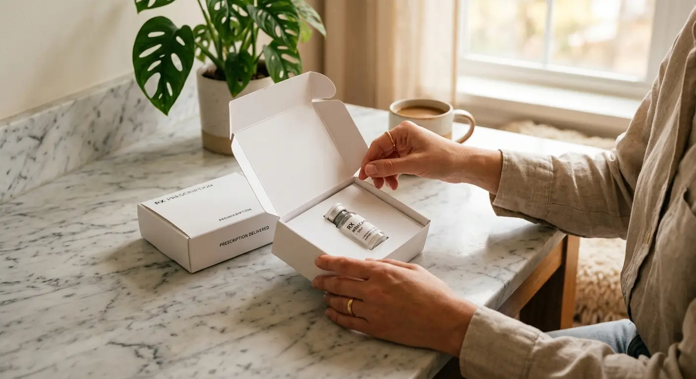 Hands unboxing WEEM medication delivery package on countertop