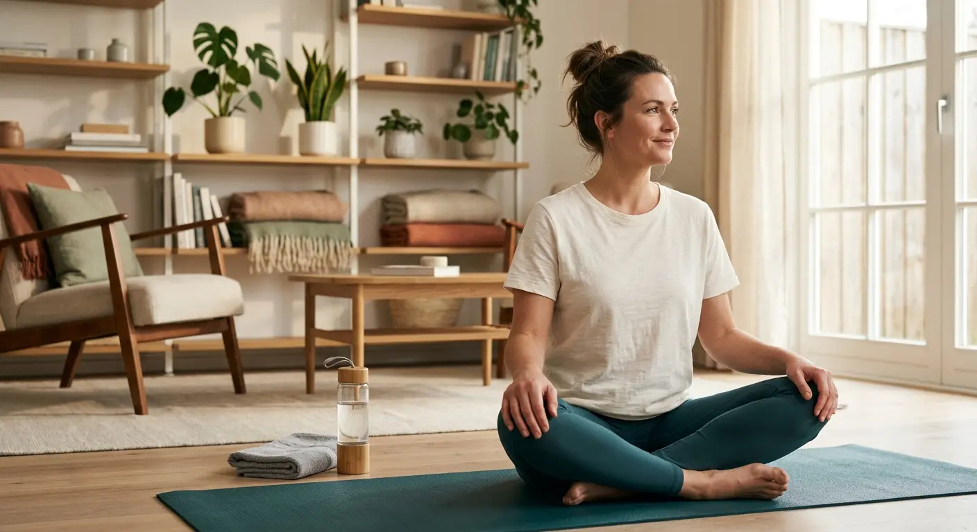 Woman relaxing on yoga mat in bright living room